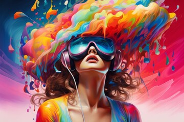 Fototapeta premium Immerse yourself in a vibrant music fantasy with virtual reality technology. A colorful woman. And flowing hair digital artwork