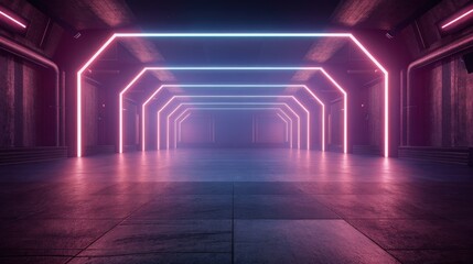 Fototapeta premium Futuristic neon-lit corridor with vibrant pink and blue lights, creating a modern and sci-fi atmosphere in a symmetrical design.