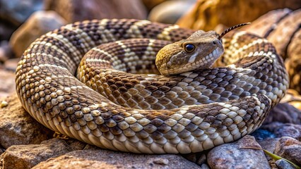 Obraz premium A coiled rattlesnake blends seamlessly into the rocky mountain terrain, its scaly body a masterclass of camouflage, exuding sinister beauty and deadly warning.