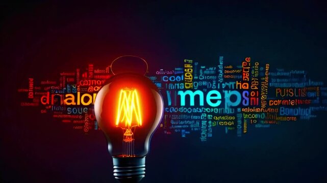 The video shows a lightbulb glowing brightly inside, surrounded by a cloud of other words in different colors.