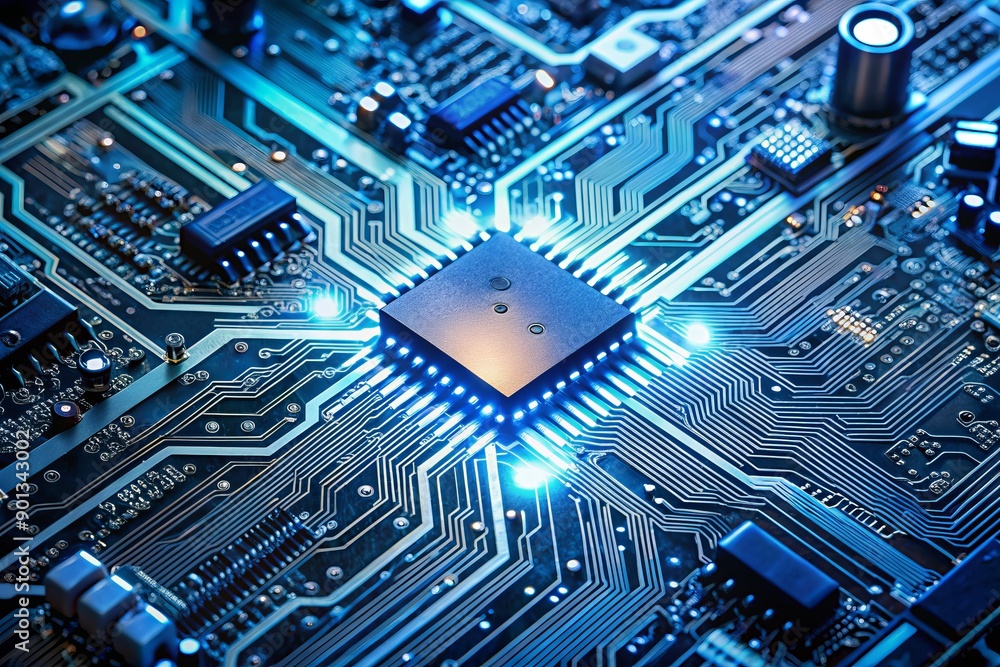 Poster close-up of a complex electronic circuit board with intricate pathways, components, and microchips, 