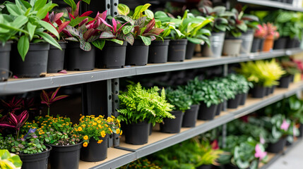 A vibrant display of potted plants at a garden center. Various types of plants in black pots on shelves, showcasing lush green foliage and colorful leaves.