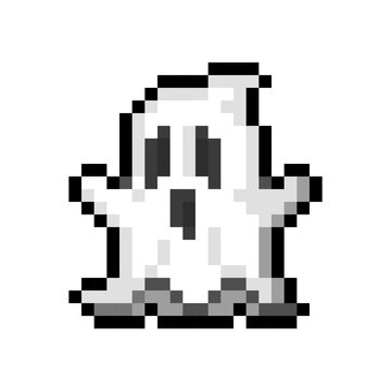 White flying ghost in a sheet isolated on transparent background. Halloween character icon. Vector pixel art illustration in 16 bit old style.