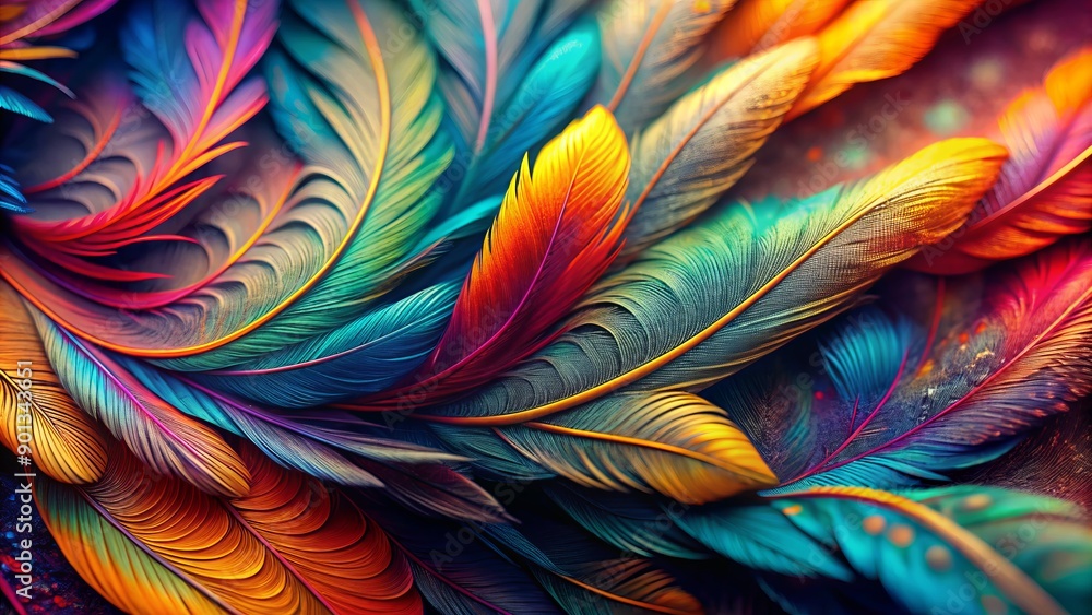 Poster vibrant multi-colored feathers with intricate textures and patterns captured in extreme closeup, set