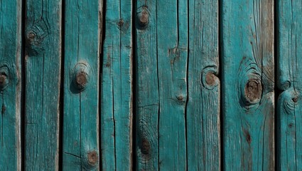 Fototapeta premium Weathered wooden planks with teal paint and knots.
