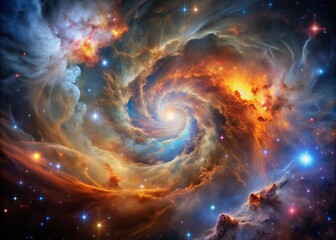 Vibrant swirling nebula clouds glow amidst a dark ethereal backdrop, magnified through a telescope, revealing stunning star formations in a mesmerizing astronomical wonder.