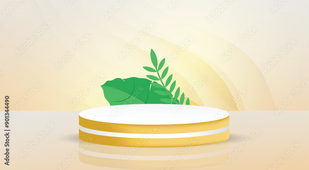 Aufkleber yellow color 3d product podium background design with leaf and wall. product showcase background art