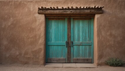 Vintage adobe building with rustic turquoise doors.