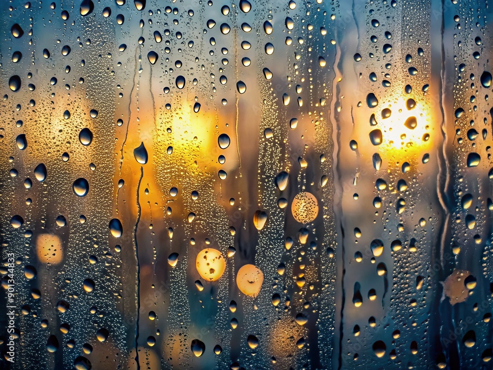 Aufkleber softly illuminated rain drops on textured light grey window glass create a realistic abstract backgr