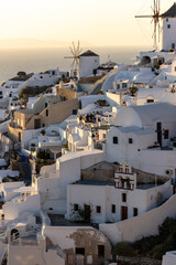  Whitewashed houses and windmills in Oia in warm rays of sunset on Santorini island. Greece