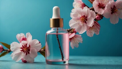 Perfume bottle beside flowering tree branches on blue.