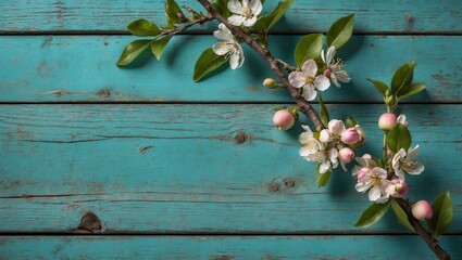Branch with white blossoms against turquoise wood.