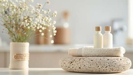 A podium made of beach stones showcases eco-friendly skincare products.
