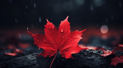 A red maple leaf on a dark background