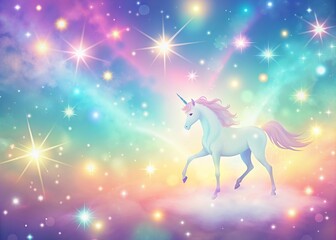 Whimsical pastel rainbow unicorn background shines with sparkling stars against a soft, pink fantasy sky, featuring a holographic area and iridescent fairy gradient backdrop.