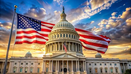 Majestic government building dominates the frame, proudly displaying the iconic American flag with vibrant stars and stripes, symbolizing freedom and patriotism.