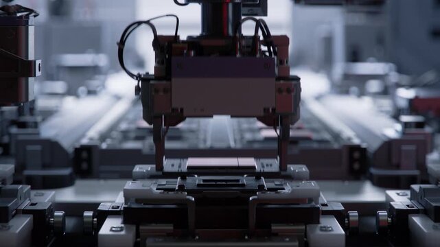 Close-up of Heat Spreader Attachment to Advanced Processor on Automated Conveyor at Electronics Factory. Microchip Manufacturing Facility. Computer Chip Production Process.