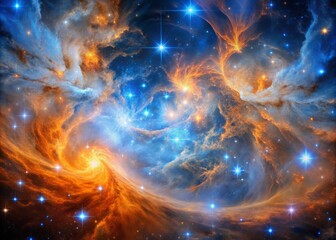 Obraz premium Vibrant blue and orange hues swirl together in a stunning space nebula, punctuated by hundreds of bright stars and wispy, ethereal tendrils of cosmic dust.