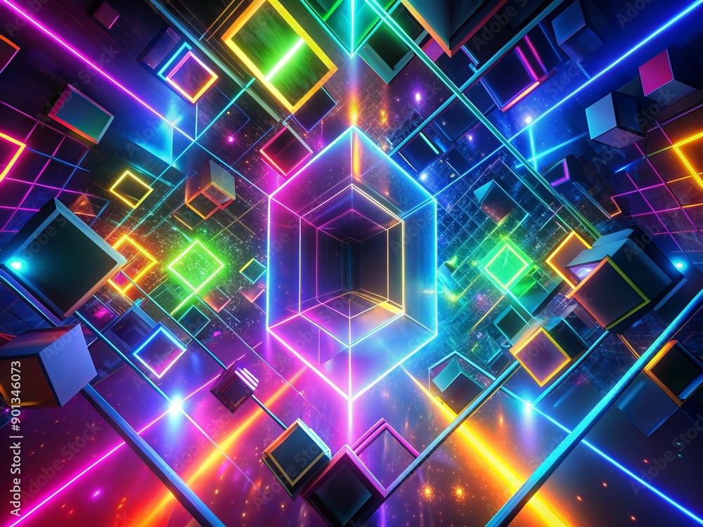 Poster vibrant 3d neon squares float in dark space, radiating colorful lights, mesmerizing atmosphere with 