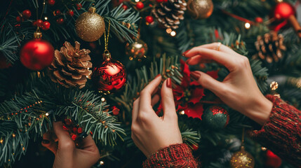 woman's hands decorating Christmas tree with red and gold balls