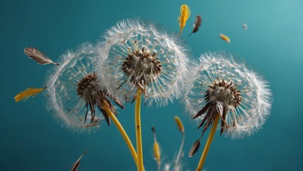 Close-up of three dandelions with seeds against teal background