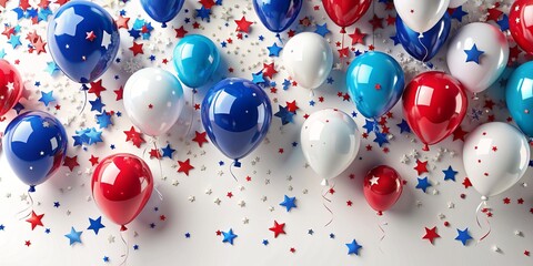 Vibrant blue, white, and red balloons and stars confetti scatter across a crisp white background with ample copy space, perfect for Fourth of July celebratory designs.