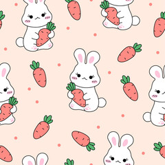 Obraz premium Kawaii rabbit with carrot. Seamless pattern. Cute vector background. Hand-drawn illustration.