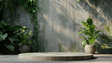 Tropical jungle stage with a green wood platform for product display, set against dense foliage, tropical leaves, and a stone table.