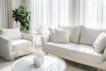 Scandinavian Style Home Interior - White Sofa and Armchairs in Modern Living Room Design