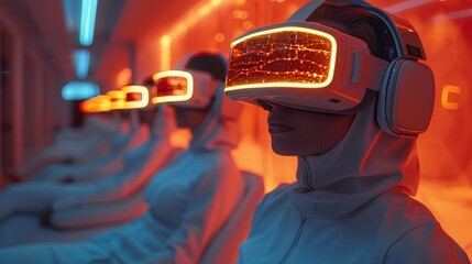 Futuristic Individuals Engaged With Virtual Reality Gear in Neon-Lit Environment During a Technology Exhibition