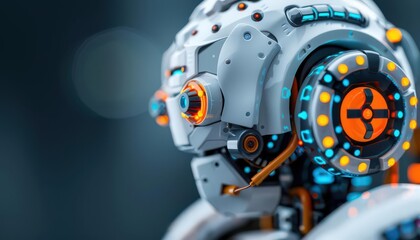 Fototapeta premium A futuristic robot with intricate details and glowing elements, showcasing advanced technology and design in a modern setting.