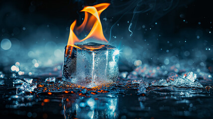 Conceptual photograph of an ice cube engulfed in flames, symbolizing the contrast between fire and ice. Captivating image highlighting heat and cold dynamics.
