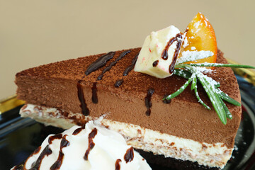 Closeup of Mouthwatering Dark Chocolate Mousse Cake with White Chocolate Layer