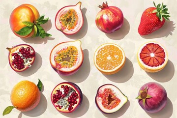 Illustration of various types of fruits, such as peach, fig, passion fruit, strawberries, orange, and pomegranate. 