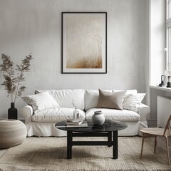 Modern Living Room: Scandinavian Boho Home Interior Design with White Sofa, Black Coffee Table, Art Poster Against White Wall - Cozy Decor