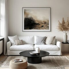 Minimalist Living Room: White Sofa, Black Coffee Table in Scandinavian Boho Home Interior - Art Poster on White Wall