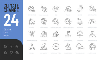 Climate Change Editable Icons set. Vector illustration in modern thin line style of ecology related icons: global warming, drought, melting ice, and more. Pictograms and infographics