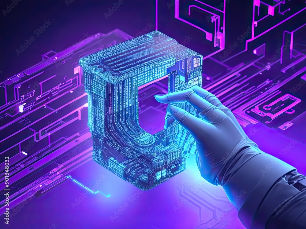Aufkleber hologram of an abstract digital semiconductor in a technological hand. hand of a humanoid grasping a
