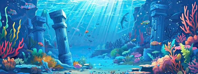 underwater landscape of a flooded ancient city. Ruins of ancient buildings under water.