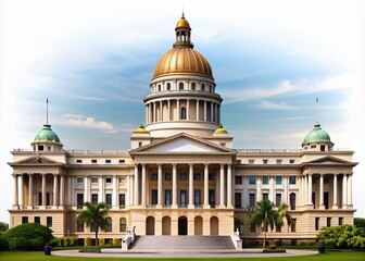 Obraz premium Majestic government building with towering domes and columns stands proudly alone on a pure white background, symbolizing national identity and power.