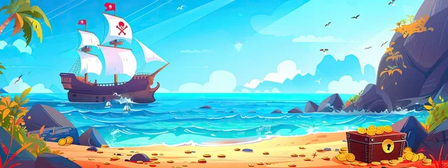 Poster The landscape of the sea coast to which a pirate ship sails. There is a treasure chest and coins on the shore. Cartoon illustration.