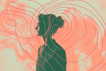 minimalism illustration, abstract collage of neon green lines and pink shapes with an illustration in the center of person, pastel colors.