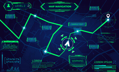 Navigation game map. Futuristic gaming interface, cartography plan infographic screen gps navigate roadmap direction display fantasy future technology cartoon vector illustration