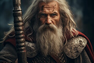 Close-up of an aged, bearded warrior with intense gaze, holding a staff, clad in battle gear
