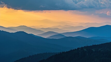 Fototapeta premium Stunning Sunset Over Majestic Mountains, Capturing the Rich Colors and Tranquil Beauty of Dusk