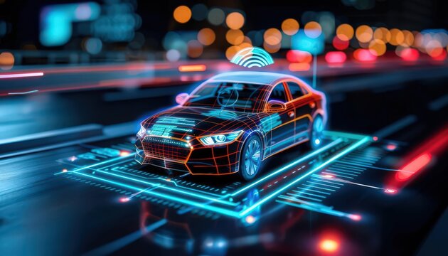 Futuristic car design featuring digital elements and connectivity showcasing innovative automotive technology at night.