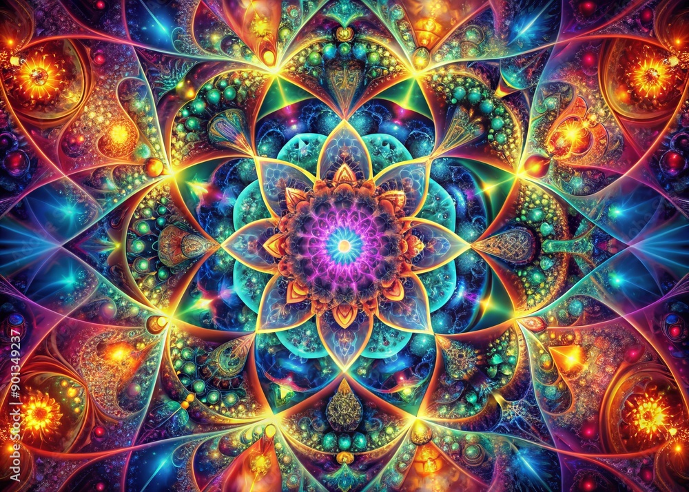 Poster vibrant abstract artwork featuring intricate geometric shapes, swirling patterns, and kaleidoscopic 