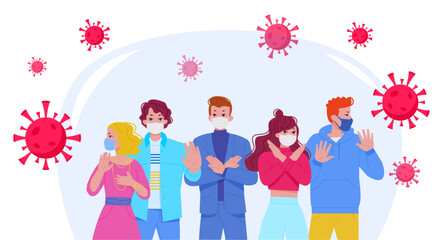 People denial infection. Man and woman in mask negative no gesturing, safety virus prevention protection disease pollution control influenza stop concept vector illustration