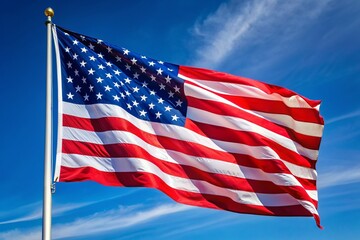 Obraz premium Vibrant red, white, and blue American flag with fifty white stars on a blue canton, waving gently in the breeze against a clear sky.