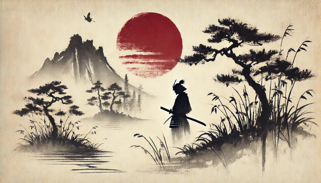 日本 日の丸 侍 松 大日 霧 鳥 武士 水墨画 伝統 空 自然 歴史 文化 静寂 平和 美的 赤 太陽 絵画